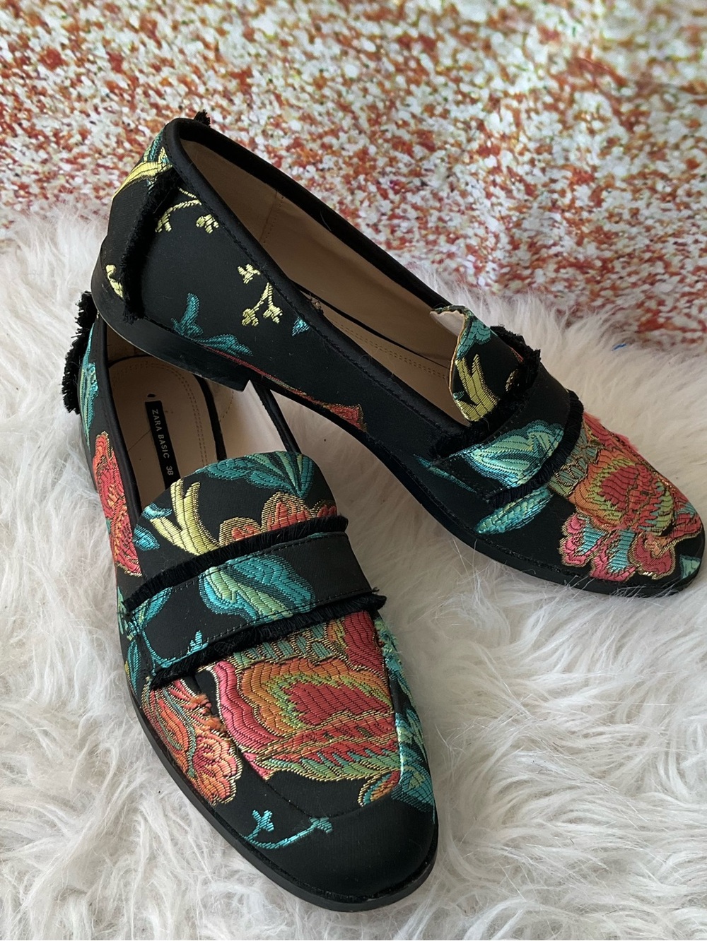 Zara Basic Floral brocade fabric loafers with Fringe Detail